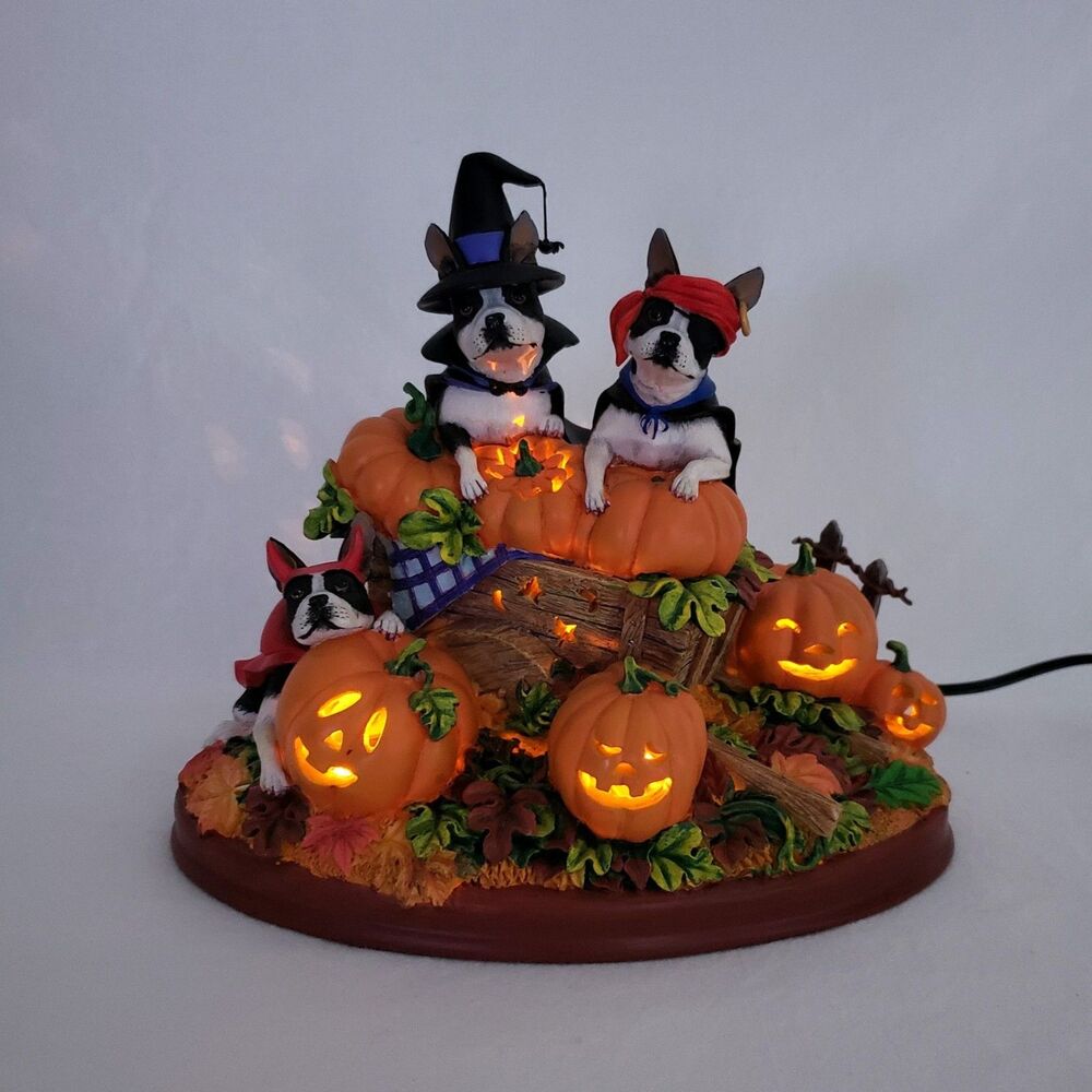 Danbury Mint Pumpkin Patch Boston Terriers Lighted Figurine Halloween Dogs